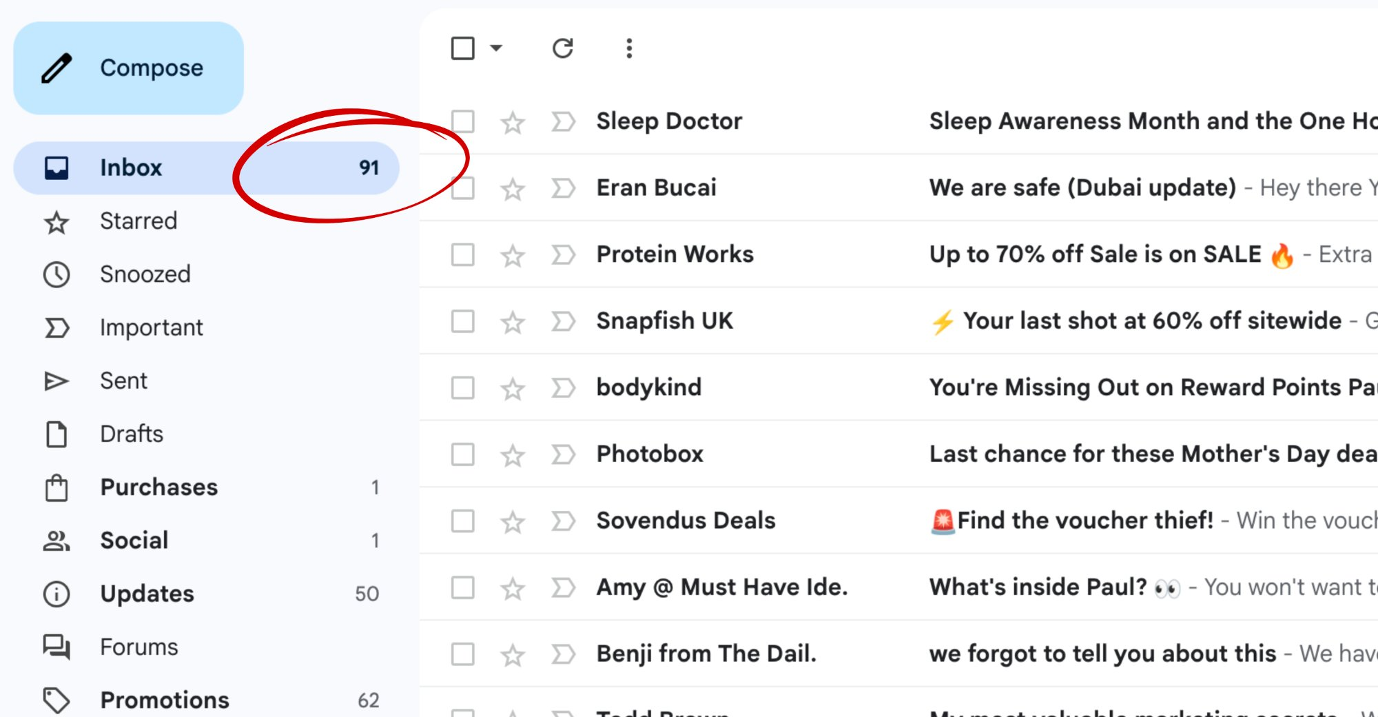 Paul's inbox with 91 unread emails